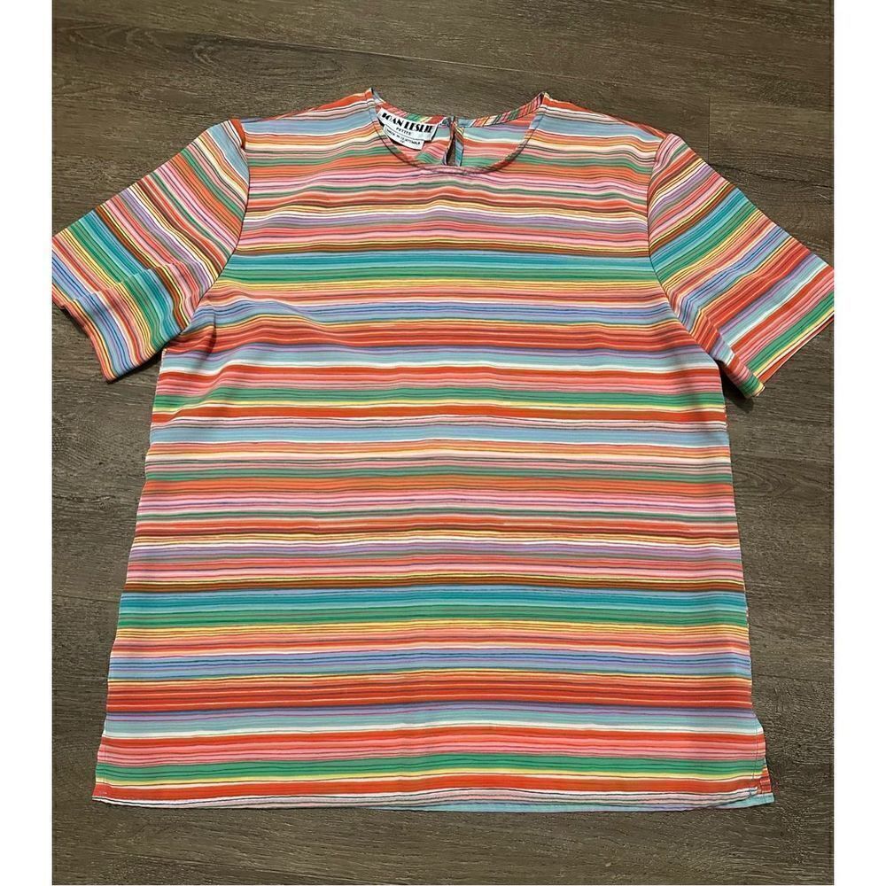 Vintage Joan Leslie Fruit Stripe Womens Pullover Shirt Blouse Size Small Petite